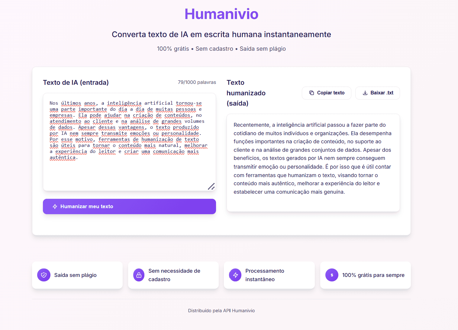 Humanivio humanizador de IA grátis para converter texto de IA em escrita humana natural